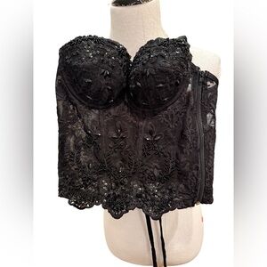 Lydia USA Black Lace Mesh Beaded Sequin Strapless Corset  Size Large